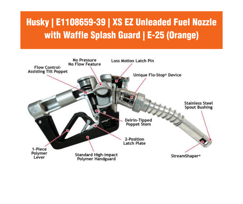 Husky | E1108659-39 | XS EZ Unleaded Fuel Nozzle with Waffle Splash Guard | E-25 (Orange)